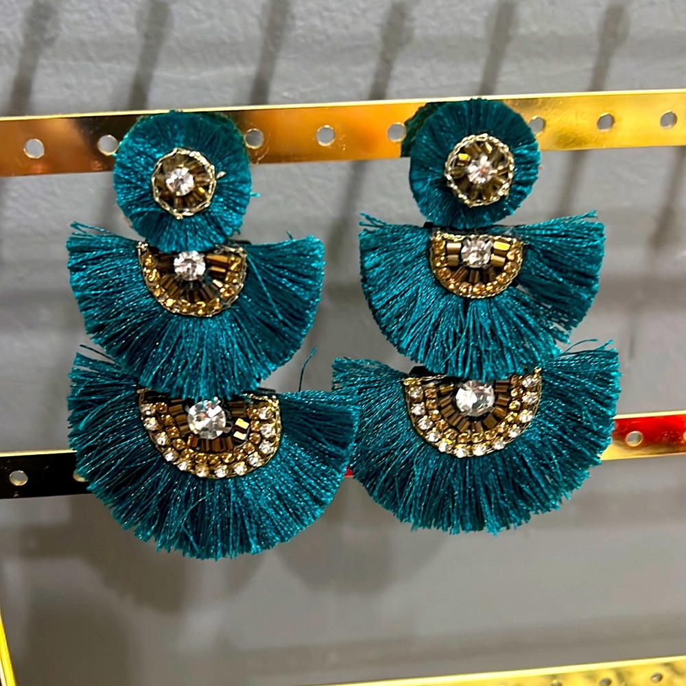 Olive + Piper Fringe Boho Drop Statement Earrings - Teal Green